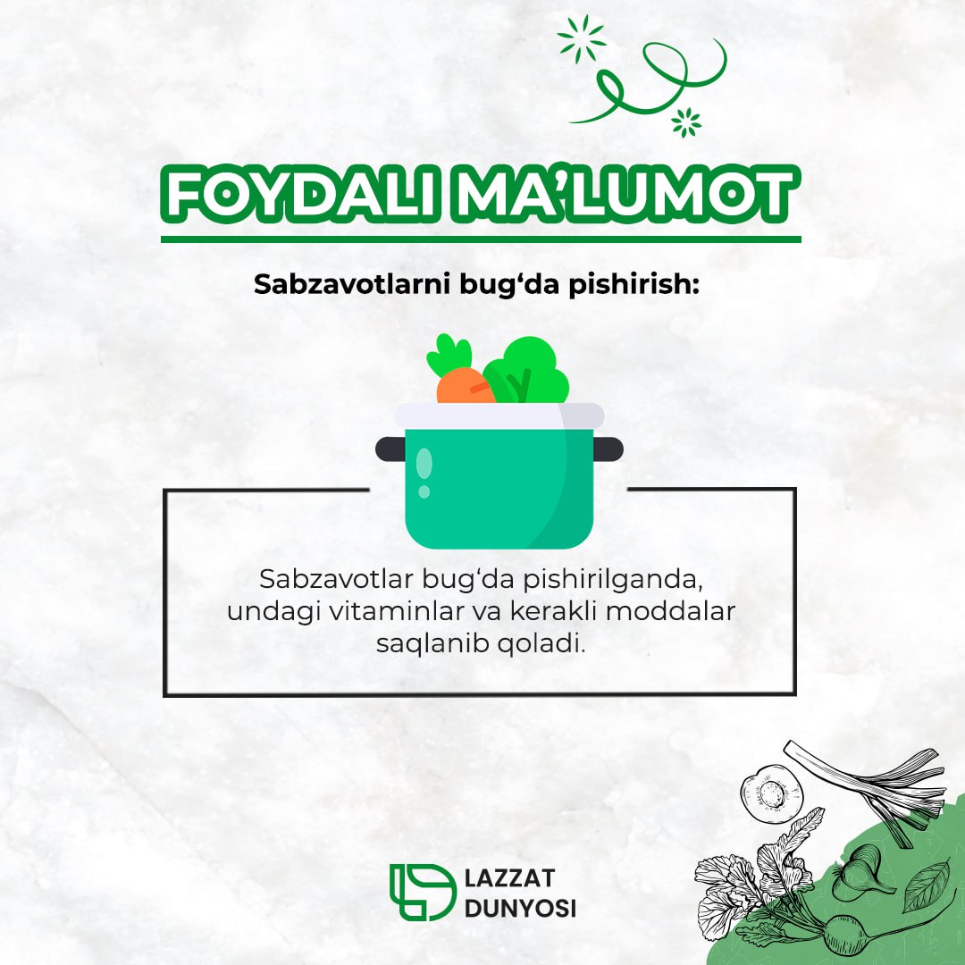 🥔Har bir sabzavotda vitamin va foydali moddalar mavjud. Ular pishirilganda ma’lum bir vitaminlar kamayib ketishi mumkin. Bug‘lab pishirilganda esa, vitaminlarni o‘zida saqlab qoladi.