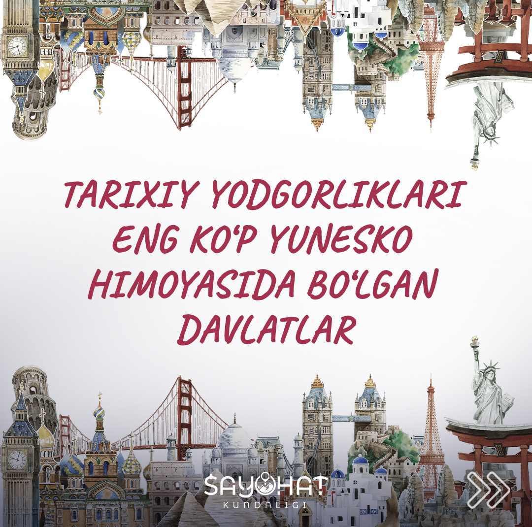 🗿Tarixiy yodgorliklari eng ko‘p YUNESKO himoyasida bo‘lgan davlatlar