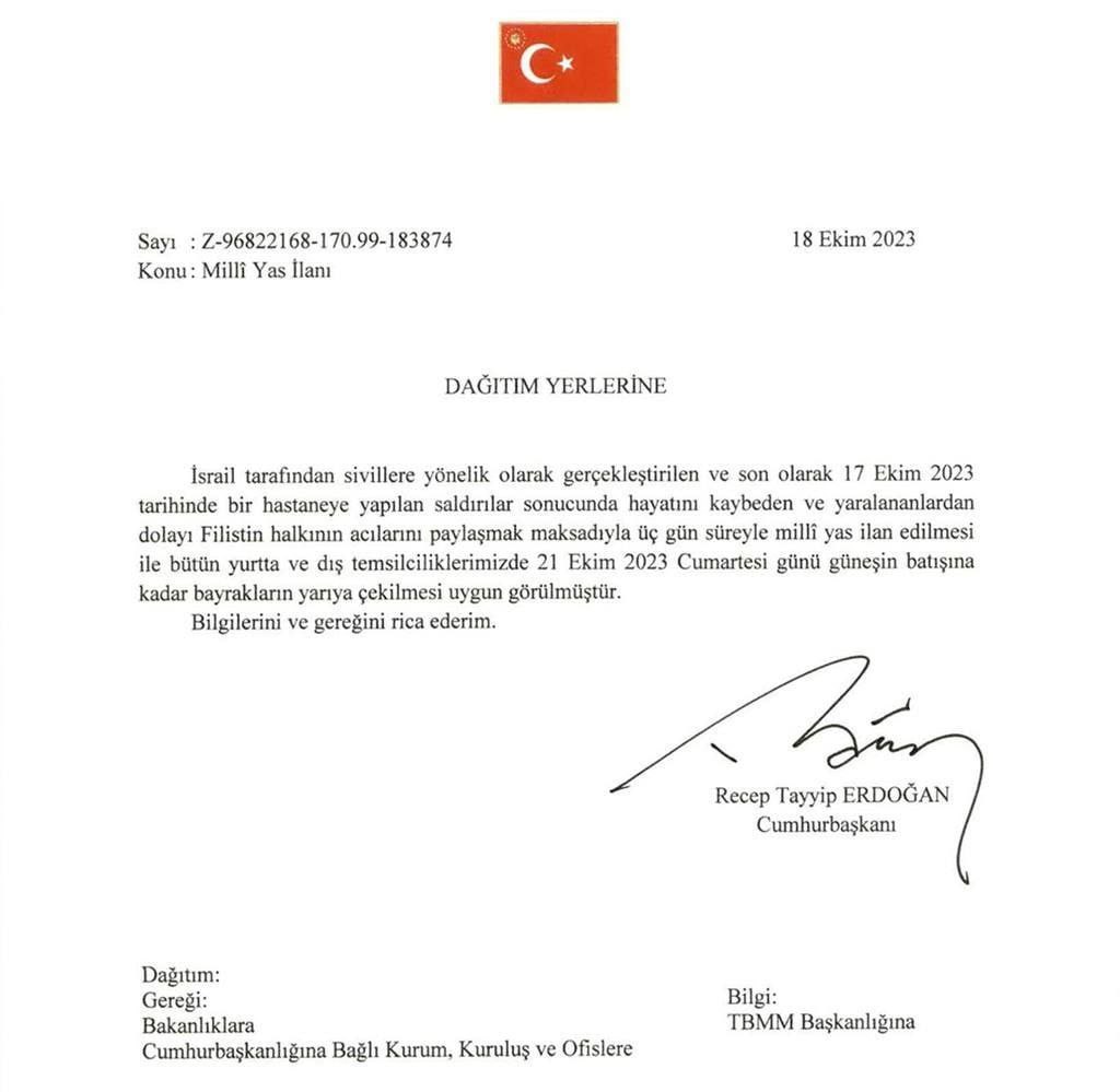 Three days of mourning were declared in memory of the Palestinians in Turkey