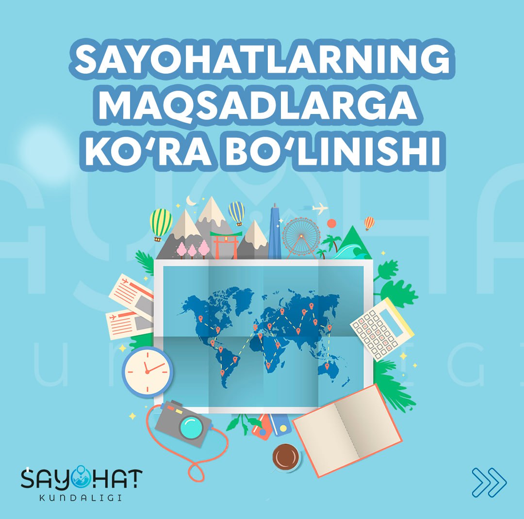 ✈️Sayohatlarning maqsadiga ko‘ra bo‘linishi