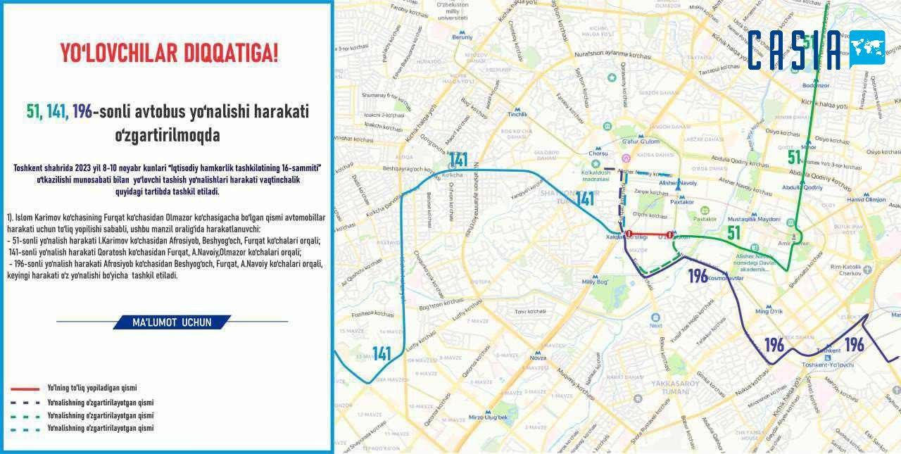 From November 8 to 10, changes will occur on some bus routes in Tashkent