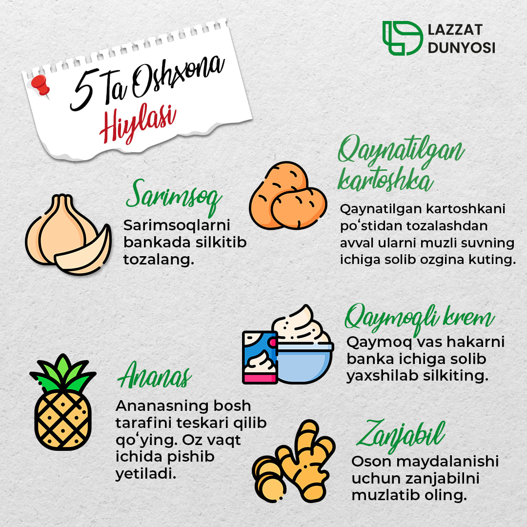 👩🏻‍🍳Oshxonadagi ishlaringizda sizga qulaylik olib keladigan 5 ta oshxona hiylasini bugun sizlarga taqdim etdik. 