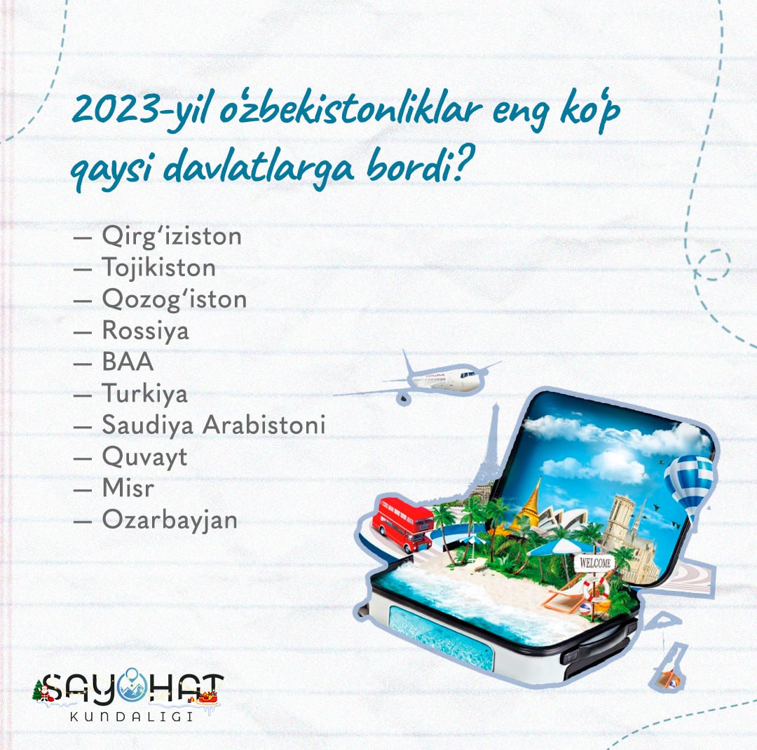 📍2023-yil o‘zbekistonliklar eng ko‘p qaysi davlatlarga bordi?