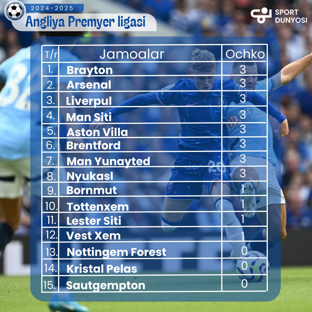English Premier League. Standings after the 1st round