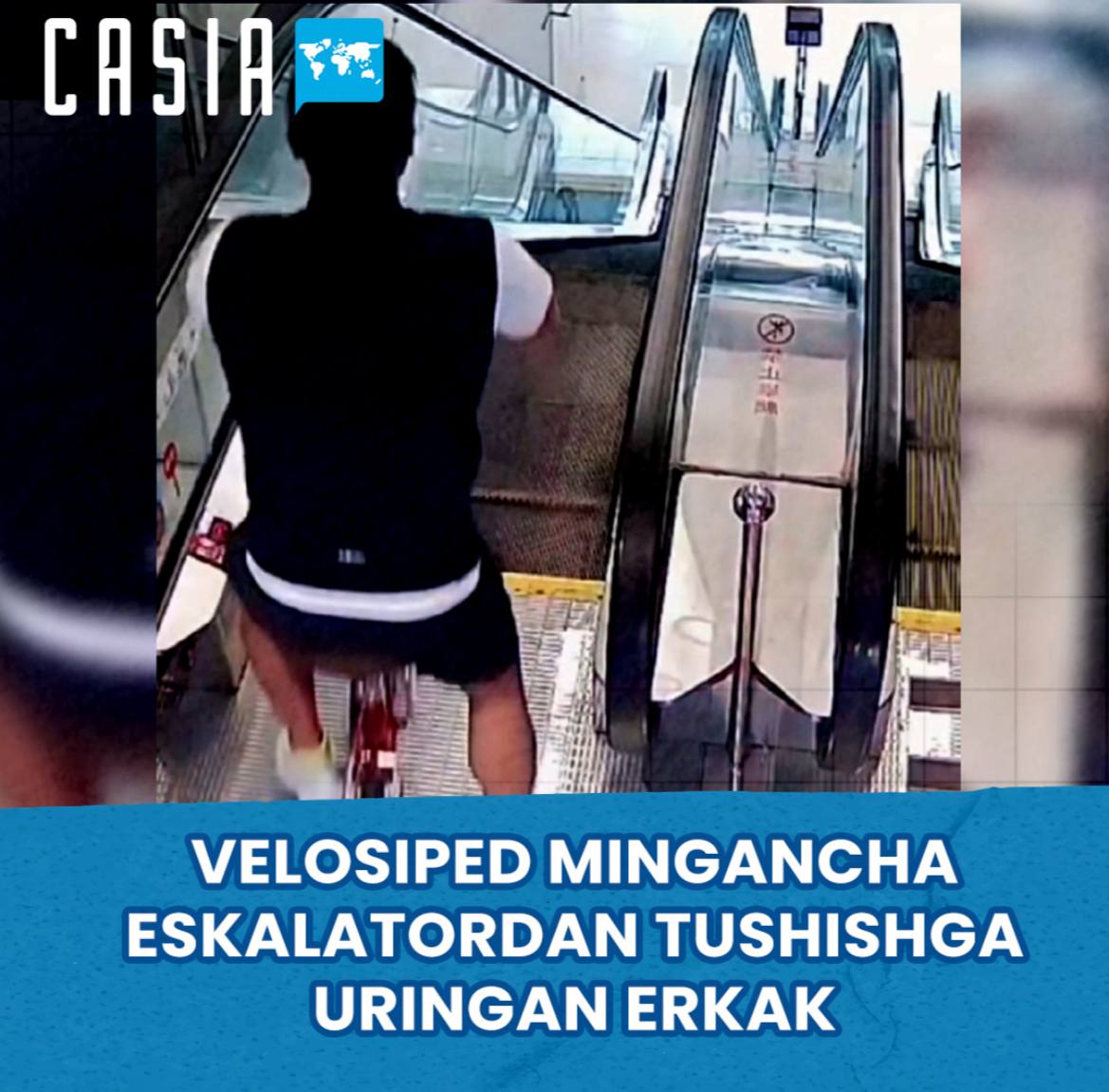 Man tries to ride his bike down an escalator