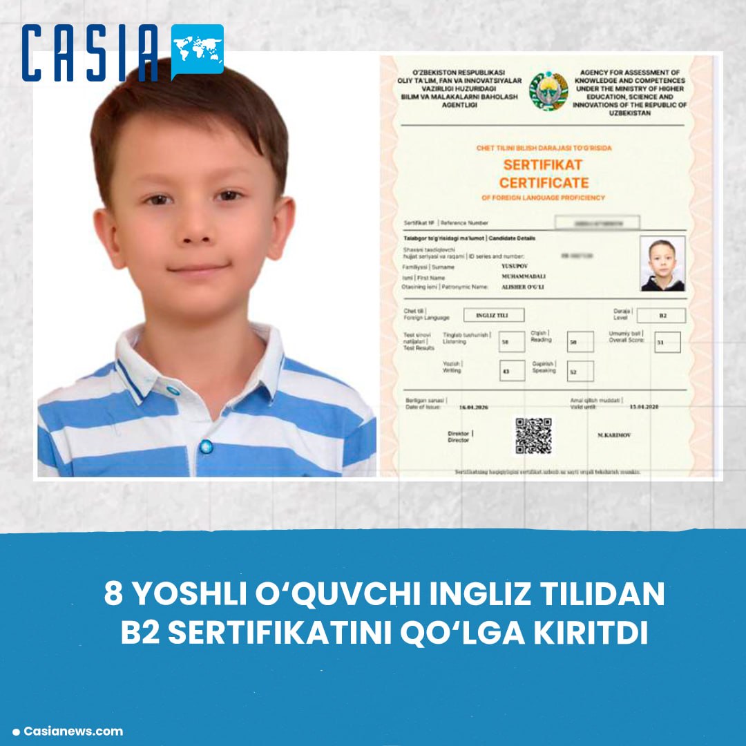 8-year-old student in Navoi receives B2 certificate in English